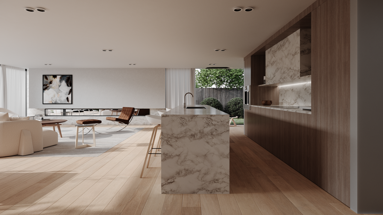 Home Stylish modern kitchen and living room with marble countertops and open design.